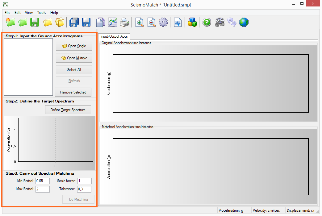 Loading and spectral matching of accelerograms